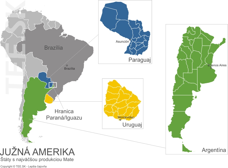 Mapa produkcie Mate, Južná Amerika, Paraguaj, Uruguaj, Argentina TEE.SK