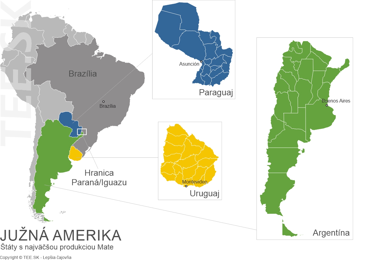 Mapa produkcie Mate, Južná Amerika, Paraguaj, Uruguaj, Argentina TEE.SK