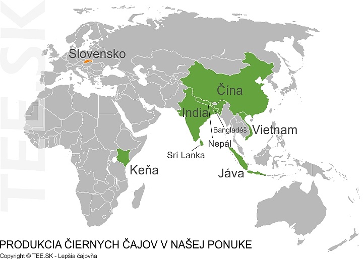 Mapa produkcie čiernych čajov TEE.SK